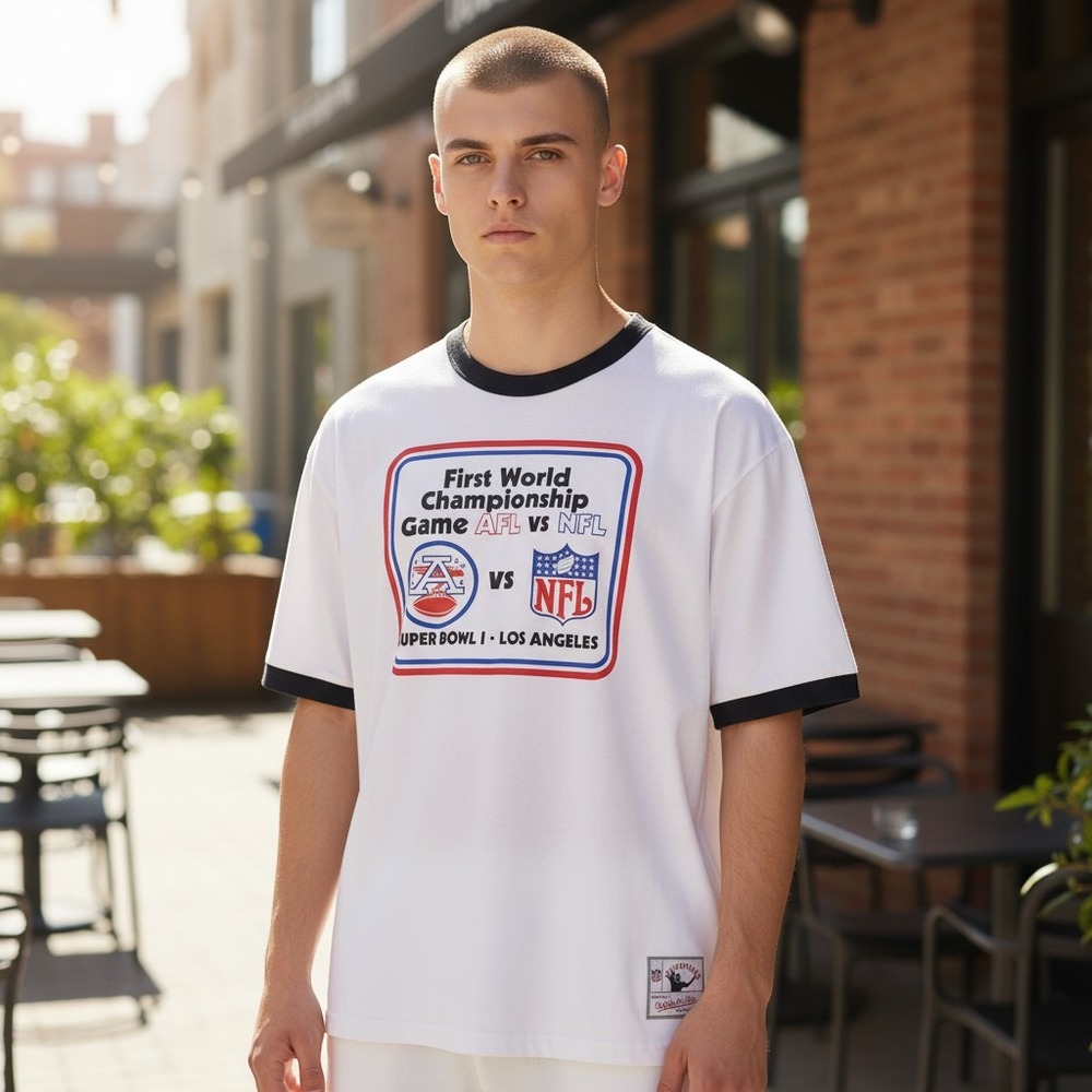 Mitchell & Ness Mens T-Shirt Large White Super Bowl I AFL vs NFL Ringer Tee